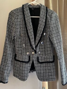 SHEIN Black & White Tweed Double-Breasted Blazer